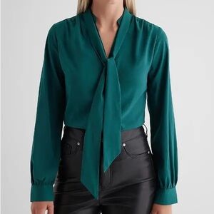 EXPRESS Relaxed Satin Long Sleeve Tie Neck Portofino Shirt